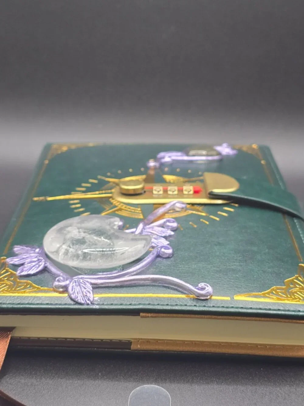 Locking Spell Book Journal | Clear Quartz Crescent Moon & Labradorite Diary